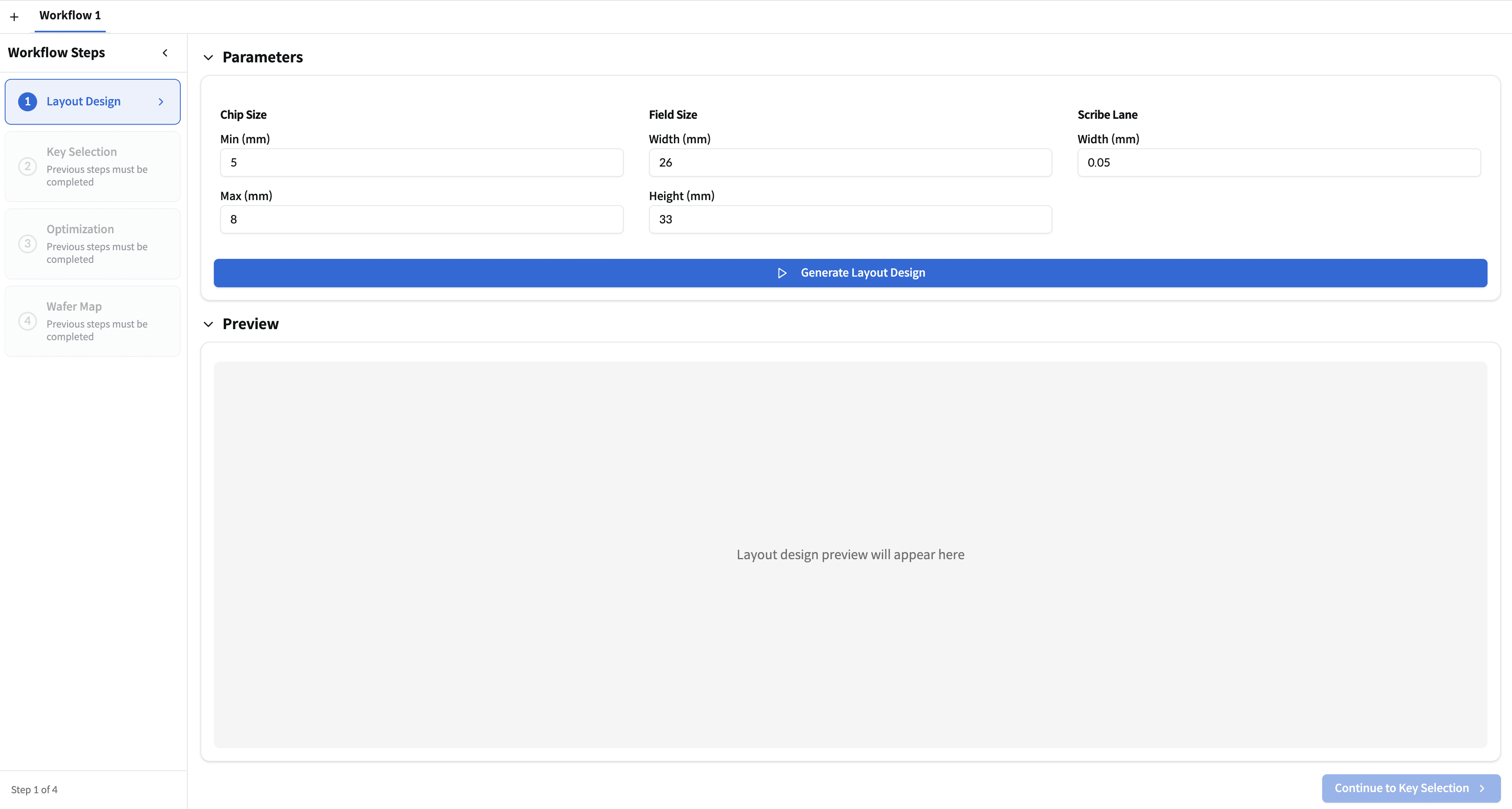 SMILE Lite Sampling Optimizer — Step 1: Layout Design 화면 (chip·field·scribe line 치수 입력 → die 격자 layout case 산출)