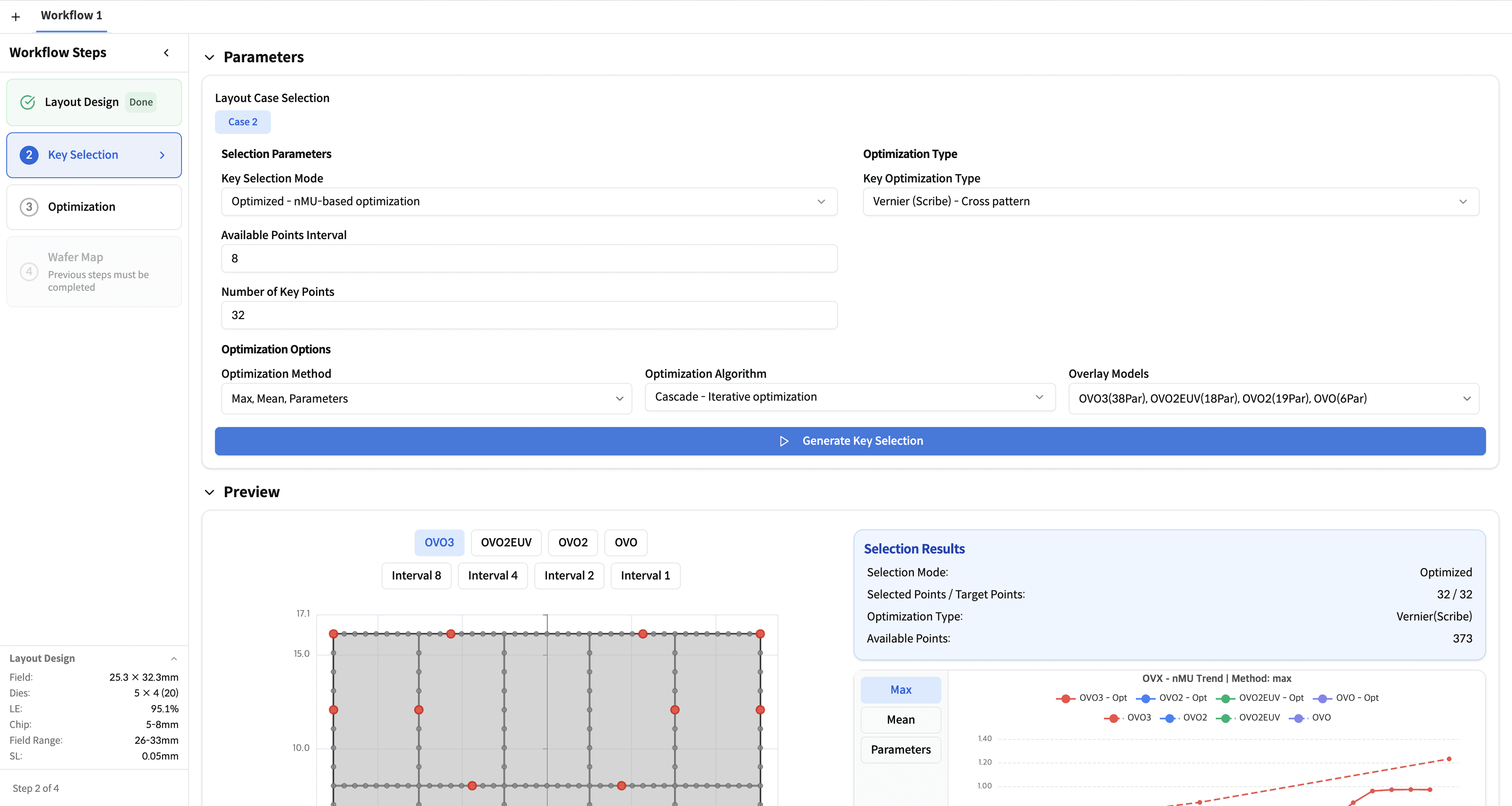 SMILE Lite Sampling Optimizer — Step 2: Key Selection 화면 (overlay 마크 배치, 모델별 NMU/PU 트렌드)