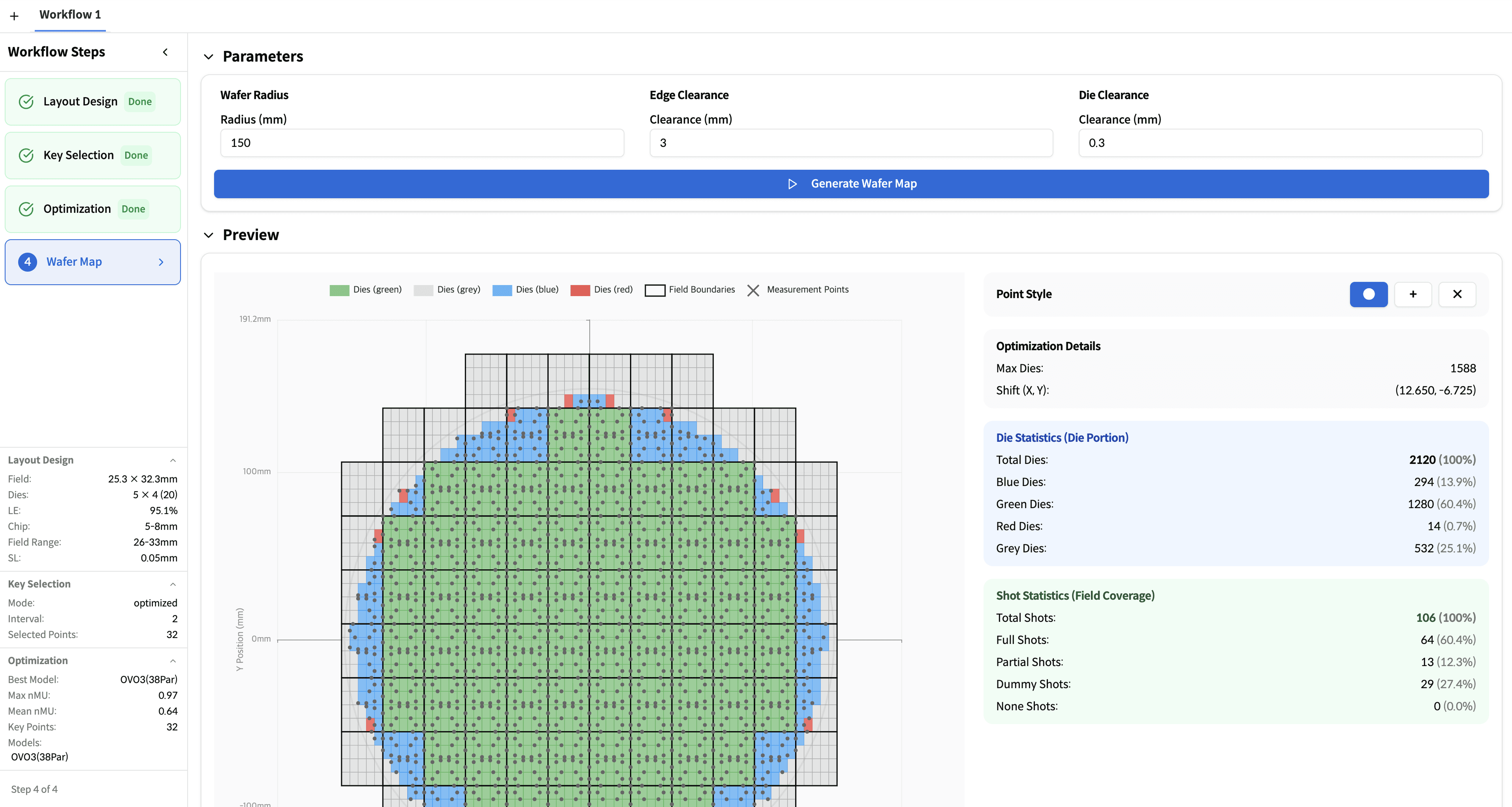 SMILE Lite Sampling Optimizer — Step 4: Wafer Map 화면 (웨이퍼 반경·edge clearance·die clearance 반영, 최종 wafermap)